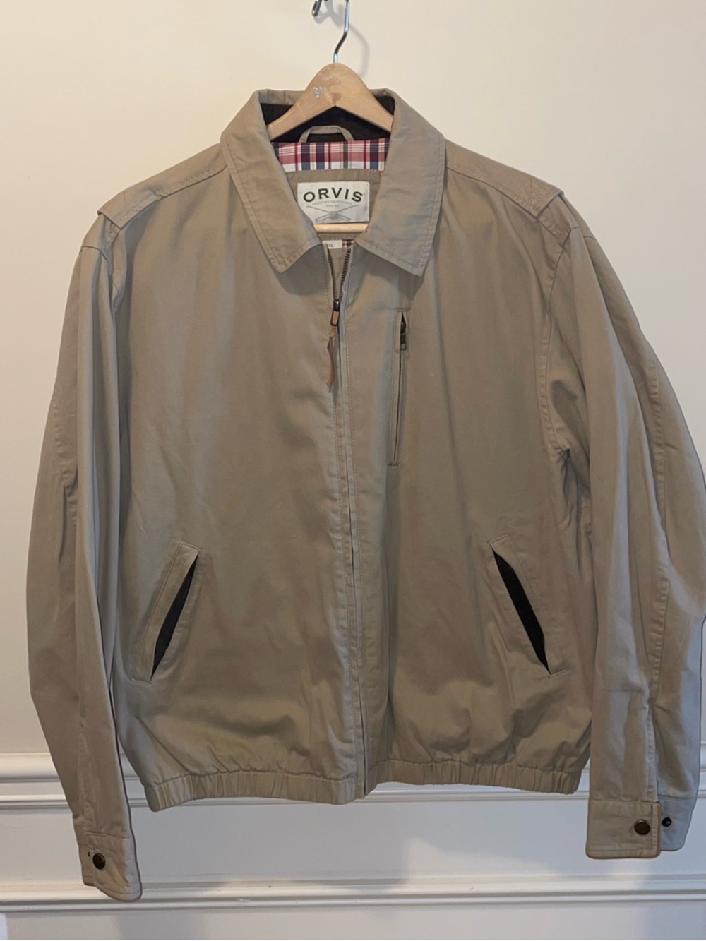 Orvis Tan Cotton Jacket with Red & Navy Plaid Lining - Picture 2 of 13